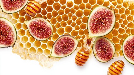 Figs' segments rest on a honeycomb, alongside small honey drops on white