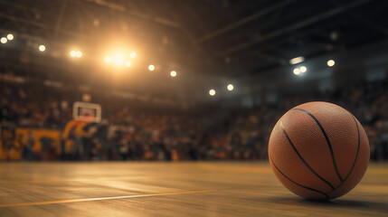 Basketball lying on the court in a stadium under dramatic lighting with a blurred crowd in the background.
