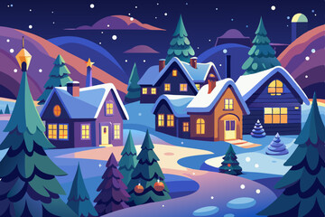Fototapeta premium Christmas night winter village landscape with a snowy cottage and festive holiday illustration