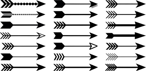 An array of black arrow illustrations with varying designs arranged on a white background surface