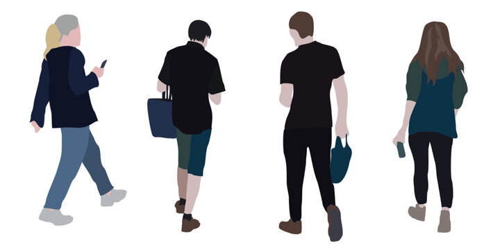 Set of drawings of people on the street in spring clothes. 2D image for use as an entourage. Vector flat city infographics.	
