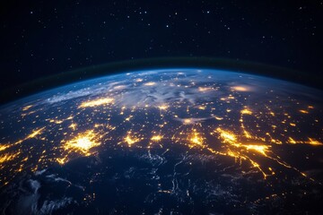 Obraz premium A breathtaking satellite view captures Earth at night, highlighting city lights that resemble veins of energy. The illumination contrasts beautifully with the dark backdrop of space