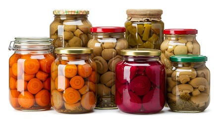 Various kinds preserves vegetables and mushrooms in glass jars.