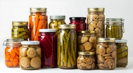Various kinds preserves vegetables and mushrooms in glass jars.