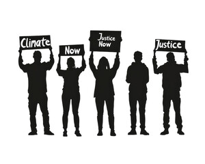 Silhouette protest group holding signs advocating for climate justice and immediate action against injustice, transparent background