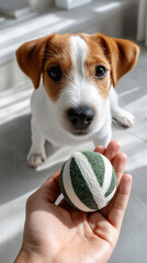 Cute Jack Russell Terrier puppy indoors looking at green felt ball held by person. Concept of playful pets, bonding, and training interaction at home.