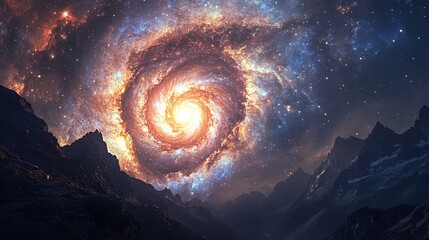 A swirling cosmic nebula, vibrant oranges and blues, dominates a night sky above a dark, silhouetted mountain range