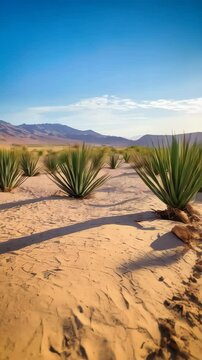 Dry cracked desert landscape with rows of agave plants and distant mountains under a bright sunny sky, showing agricultural concept.