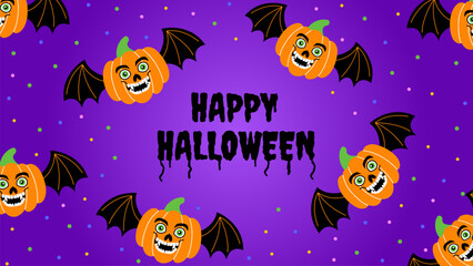 Halloween banner on a gradient purple background with smiling orange pumpkins with black bat wings