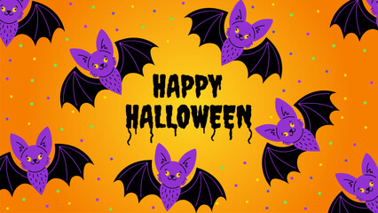Halloween banner on  orange  background with cute bats