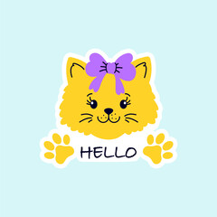 Sticker with cute yellow cat wearing a purple bow on its head