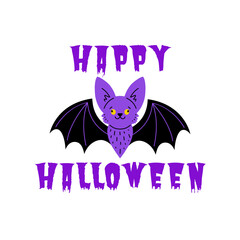 Purple bat  positioned between the phrases HAPPY and HALLOWEEN  in a dripping, jagged  font