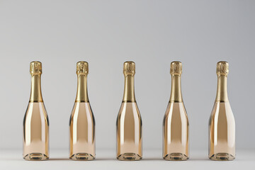 Mockup de bouteilles de champagne rosé alignées sur fond gris clair avec espace négatif copyspace, design épuré pour packaging ou publicité festive
