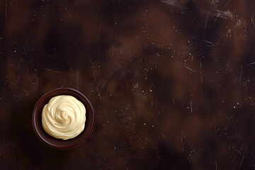 Bol de mayonnaise crémeuse sur fond marron texturé avec espace négatif copyspace, vue de dessus flat lay pour visuel culinaire ou fond graphique alimentaire