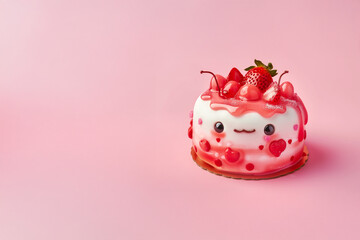 Charlotte aux fraises kawaii avec visage souriant et glaçage rose, décorée de fruits rouges et cœurs, sur fond rose avec espace négatif copyspace – style pastel et enfantin
