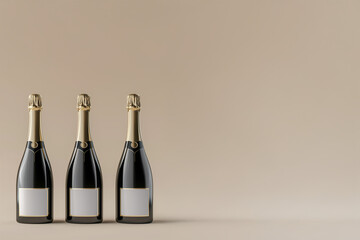 Trois bouteilles de champagne avec étiquettes vierges alignées à gauche sur fond beige avec espace négatif copyspace pour mockup ou publicité festive