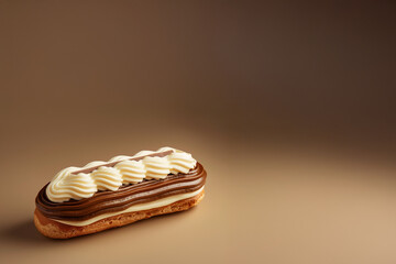 Éclair pâtissier au chocolat et crème vanille sur fond beige avec espace négatif pour mise en page culinaire ou visuel gastronomique