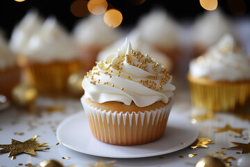 Cupcake doré festif avec glaçage blanc et paillettes sucrées sur fond de fête flou, idéal pour célébration, dessert de mariage ou Nouvel An