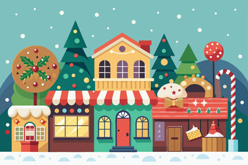 Fototapeta premium Christmas winter holiday card vector illustration with a decorated house, snowman, and birds in a snowy village landscape at night