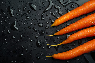 Quatre carottes fraîches sur fond noir mouillé avec gouttes d’eau, composition minimaliste en diagonale pour visuel culinaire, végétal ou nutrition santé