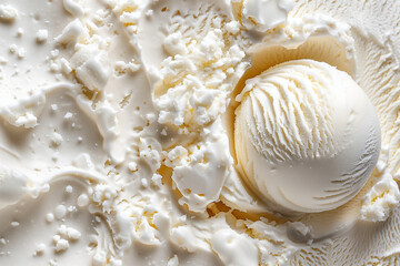 Glace à la noix de coco crémeuse en gros plan avec textures onctueuses et boules de crème glacée pour usage culinaire, publicité ou packaging gourmand