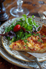 Part de quiche lorraine dorée servie avec salade verte et tomate cerise sur assiette élégante en céramique, repas traditionnel français rustique et convivial
