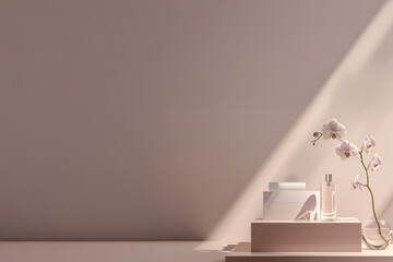 Mockup parfum ou cosmétique sur fond beige avec lumière naturelle et orchidée pour publicité de produits de beauté ou bien-être