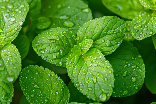 Feuilles de menthe verte fra&icirc;che avec gouttes d&rsquo;eau, gros plan botanique &eacute;clatant et naturel pour usage culinaire, sant&eacute; ou cosm&eacute;tique