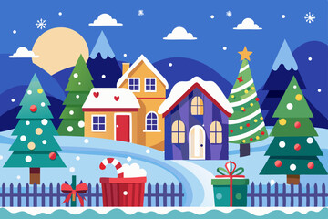 Fototapeta premium Christmas winter night landscape with houses, snow, and festive holiday town decoration illustration