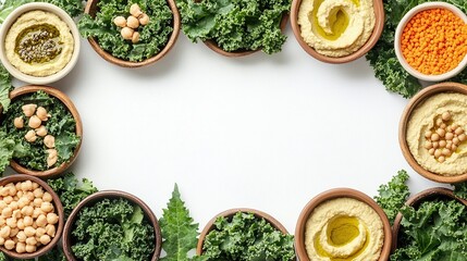 Healthy food bowls with kale and hummus forming a frame on white background