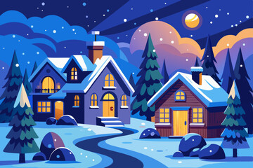 Naklejka premium Christmas night winter landscape illustration of a snow-covered village with festive houses and a starry sky