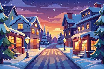 Fototapeta premium Winter city night landscape with houses, snow, and sky illustration