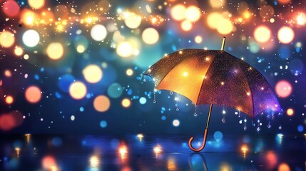 Illuminated umbrella in rain, bokeh background with warm light