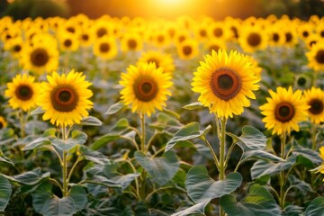 Obraz premium A vibrant sunflower field stretches endlessly, kissed by golden sunlight. The flowers stand tall, showcasing their bright yellow petals and rich brown centers, embodying natures beauty and energy