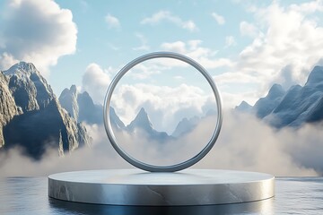 Silver ring on a platform with mountain and cloud background for product presentation use