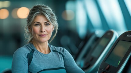 A confident woman walking on a treadmill in a modern gym, showcasing fitness, health, and wellness