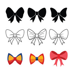 Classic bow tie silhouette and line art set for fashion design color vector illustration on white background