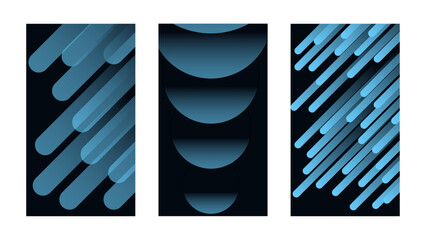 set of abstract vector banners. Geometric patterns, neon lines, abstract composition, dark background, glowing elements. vibrant perspective geometric prism shapes in motion. 