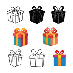 Gift box silhouette, line art set of for festive design color vector illustration on white background