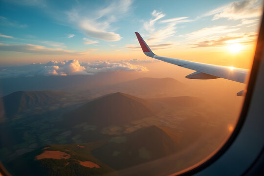 aerial view of the earth from airplane window, dramatic sunset sky with wispy clouds, serene landscape below, epic scenery, cinematic, hyper realistic, detailed, smooth, award-winning