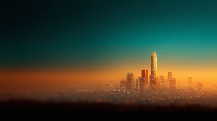 Obraz premium Golden hour cityscape. A dramatic, hazy sunset casts a warm glow over a modern city skyline, suggesting ambition, success, and the pursuit of dreams.