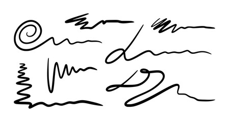 Set of abstract black hand-drawn lines and scribbles on white background. Doodle style design elements for highlights, text dividers, frames, or decorative purposes. Minimalist sketchy strokes