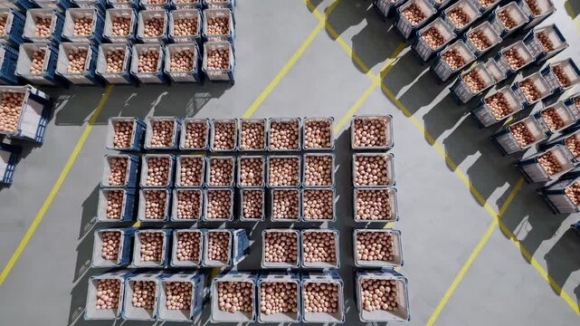 Onions packed in crates, filling a warehouse, ready for shipment, showing the scale of production and distribution in the agricultural industry