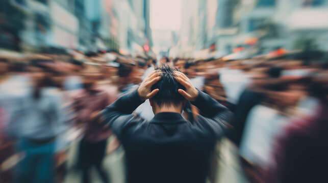 A person with hands on their head stands amidst a blurred, overwhelming crowd, depicting stress and anxiety.
