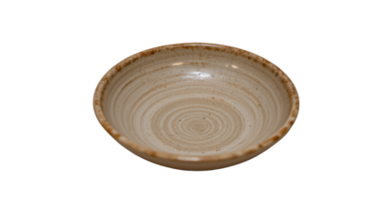 a bowl is centered in the image against a dark background. the bowl is a creamy white and beige color with a spiral pattern on the inside. its rim is a slightly darker shade, appearing textured