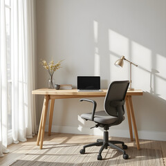 Scandinavian-inspired workspace with a simple wooden desk, ergonomic chair, a closed laptop, and a neutral wall behind it. Natural light filters through sheer white curtains.
