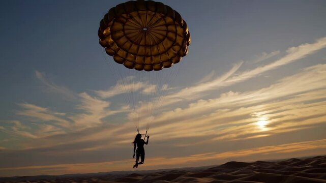 Woman skydiving with golden parachute over desert sunset