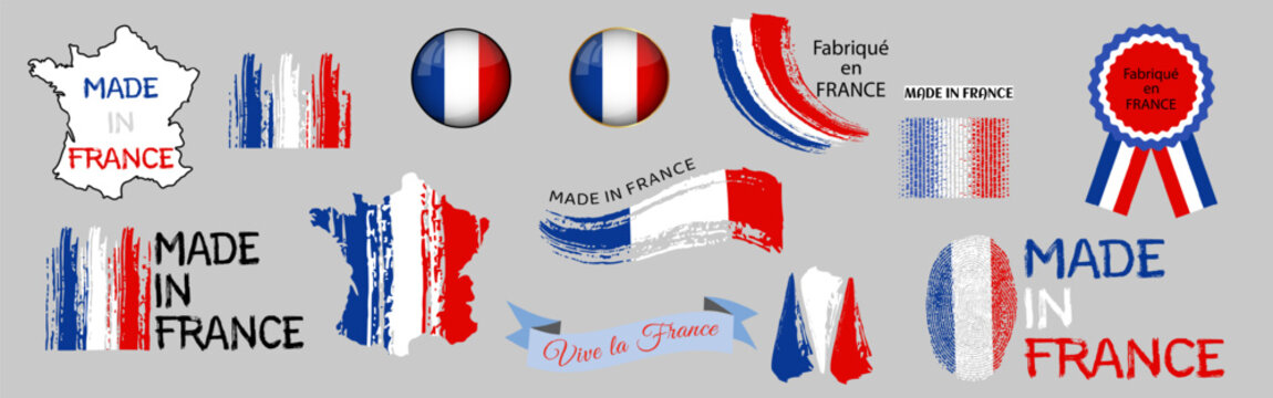 Collection of Made in France icons, labels, badges with the colors of the French flag in different styles: brush strokes, fingerprints, card silhouettes, ribbons, grunge textures.