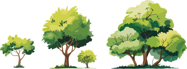 Cartoon Illustration of Diverse Trees: Green Forest, Nature Scene, and Eco-Friendly Design Elements