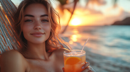 young woman drinking cocktail at the beach